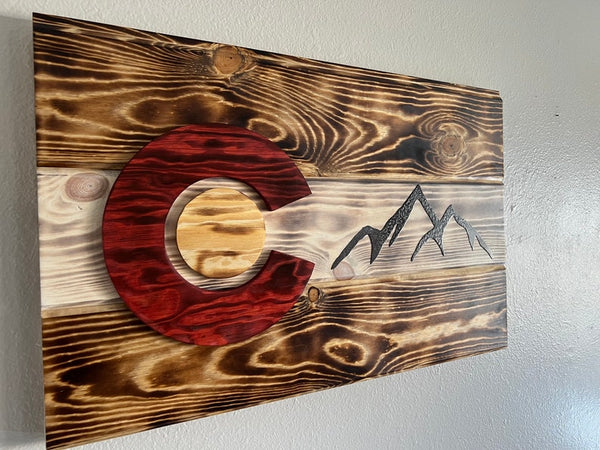 Wood Burned Rustic Colorado Flag